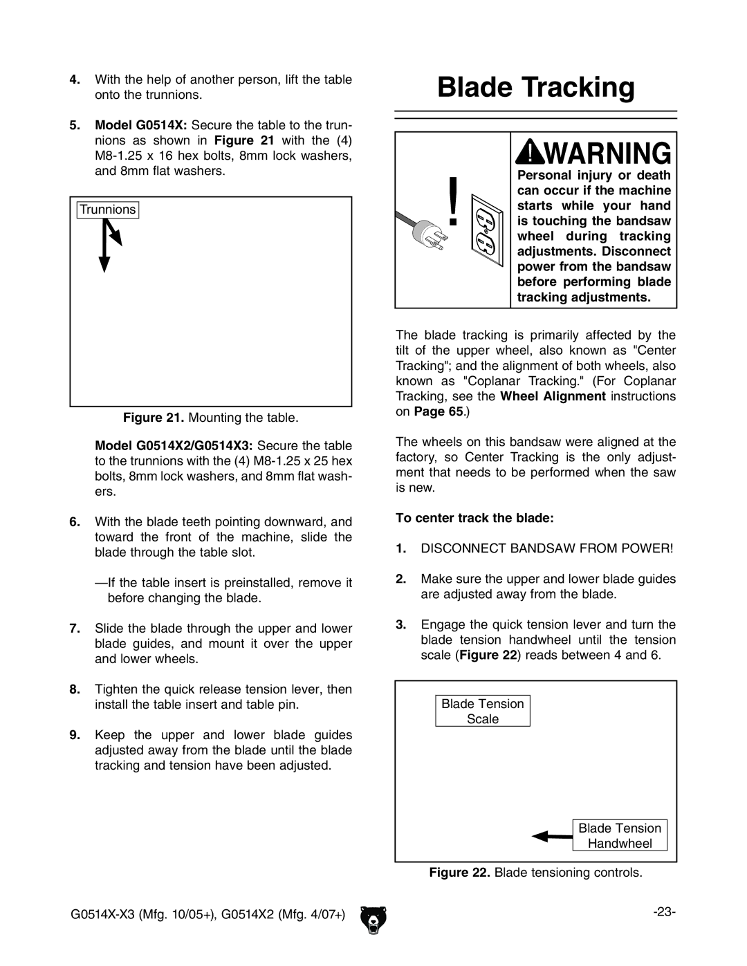 Grizzly G0514XF manual Blade Tracking, To center track the blade 