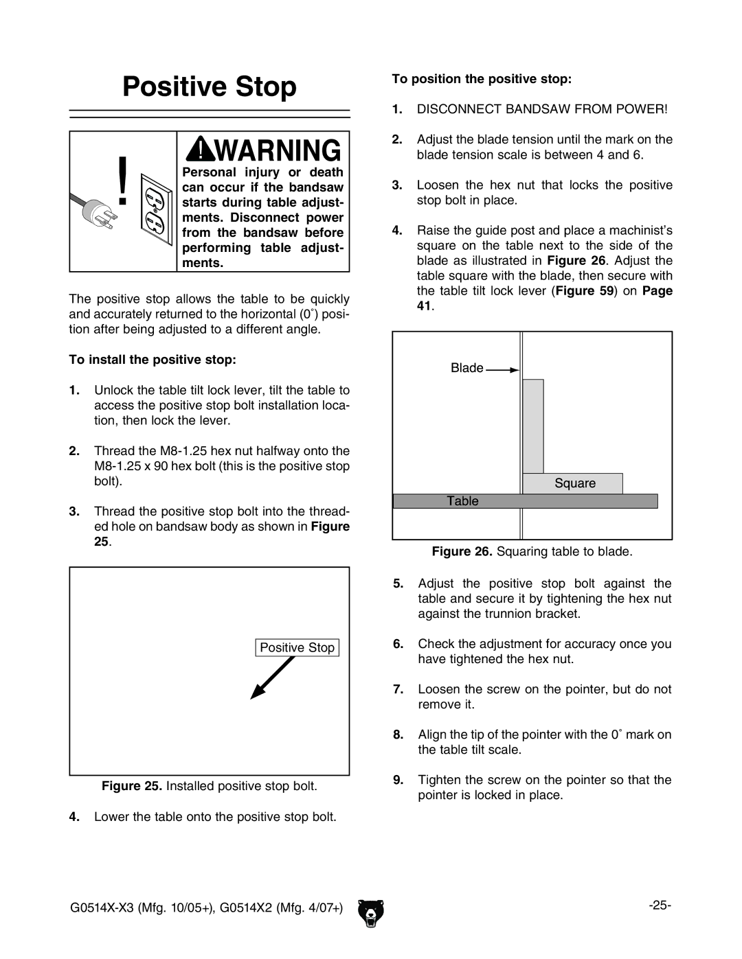 Grizzly G0514XF manual Positive Stop, To install the positive stop, To position the positive stop 