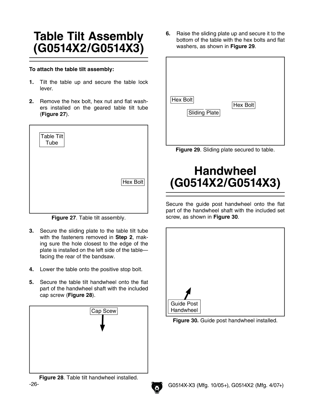 Grizzly G0514XF Table Tilt Assembly G0514X2/G0514X3, Handwheel G0514X2/G0514X3, To attach the table tilt assembly,  # 