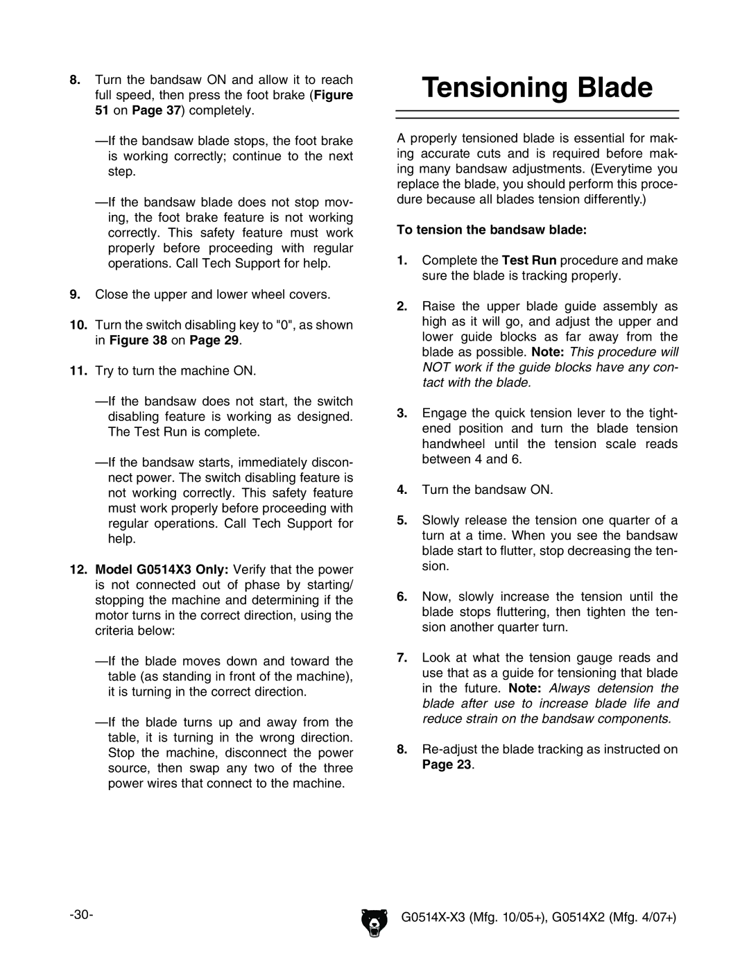 Grizzly G0514XF manual Tensioning Blade,  dcPage 29#, To tension the bandsaw blade, 23# 