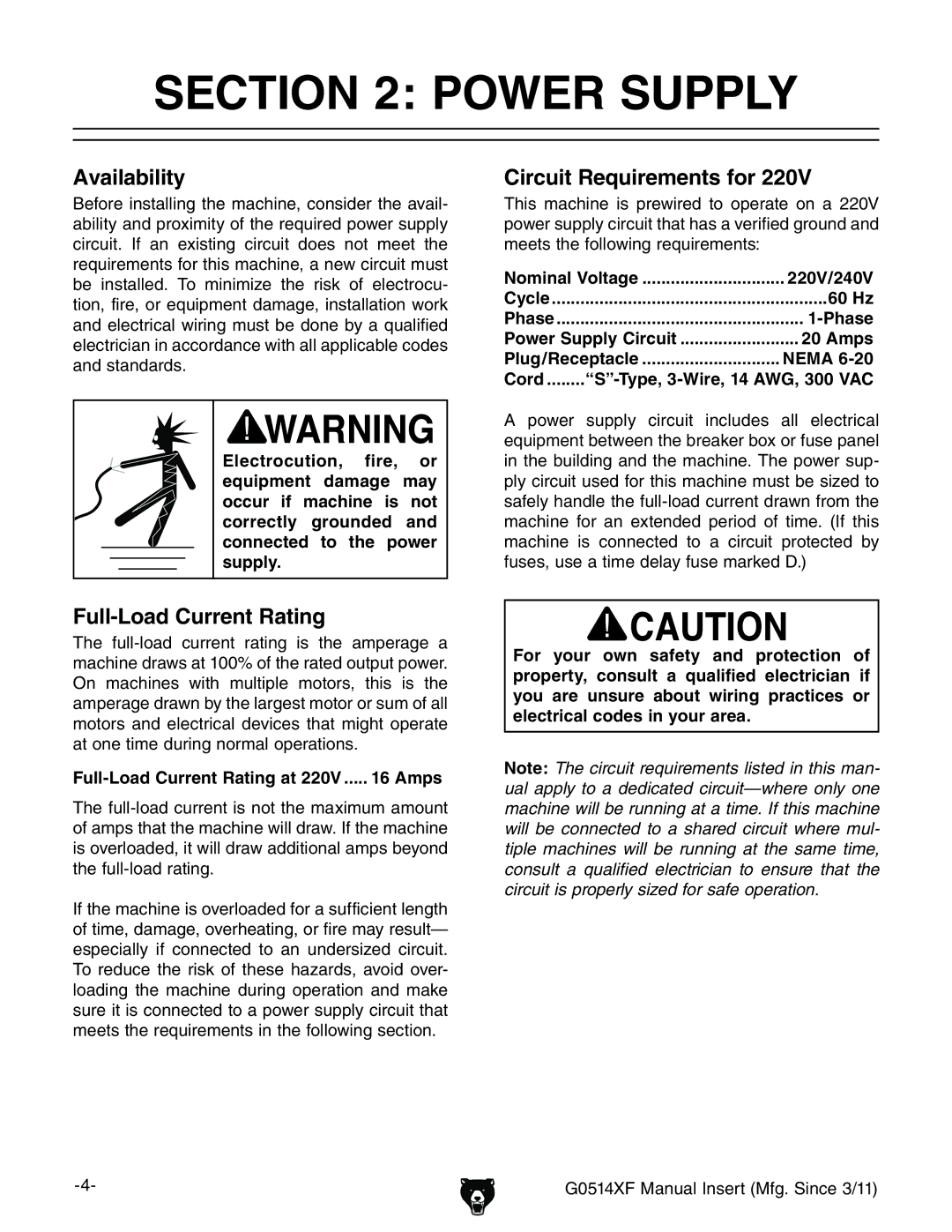 Grizzly G0514XF manual Power Supply, Cord 