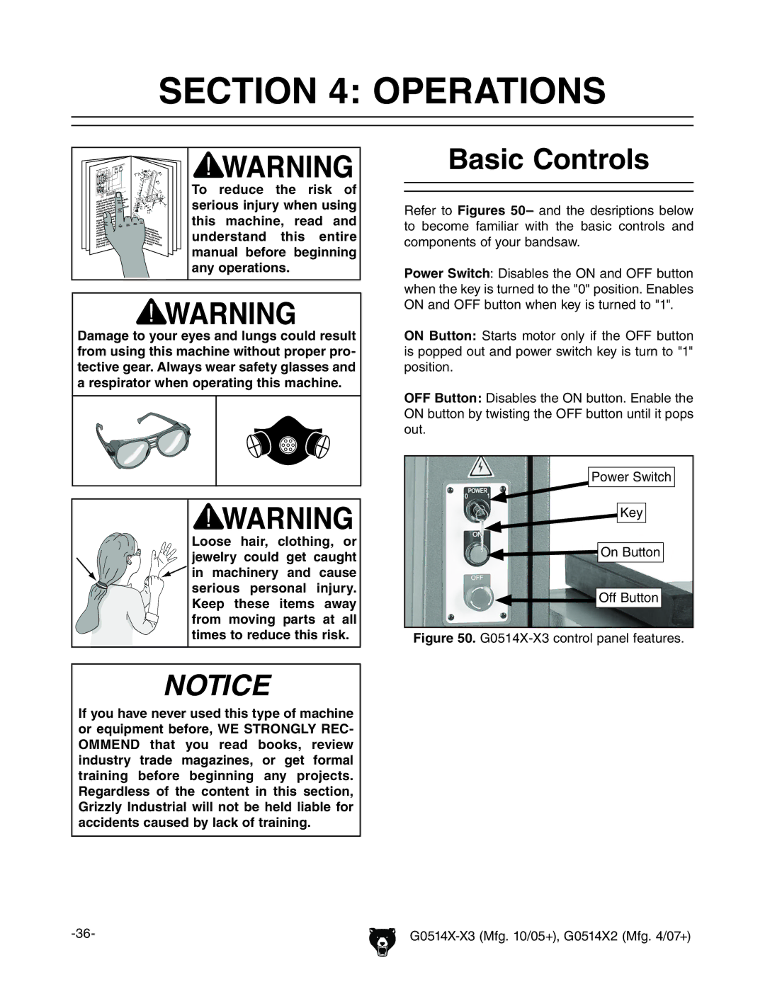 Grizzly G0514XF manual Basic Controls, EdlZgHliX @Zn Dc7jiidc 