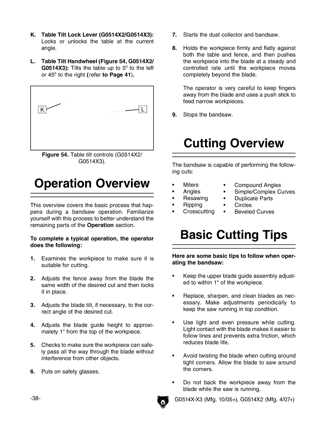 Grizzly G0514XF manual Operation Overview, Cutting Overview, Basic Cutting Tips, Table Tilt Lock Lever G0514X2/G0514X3 