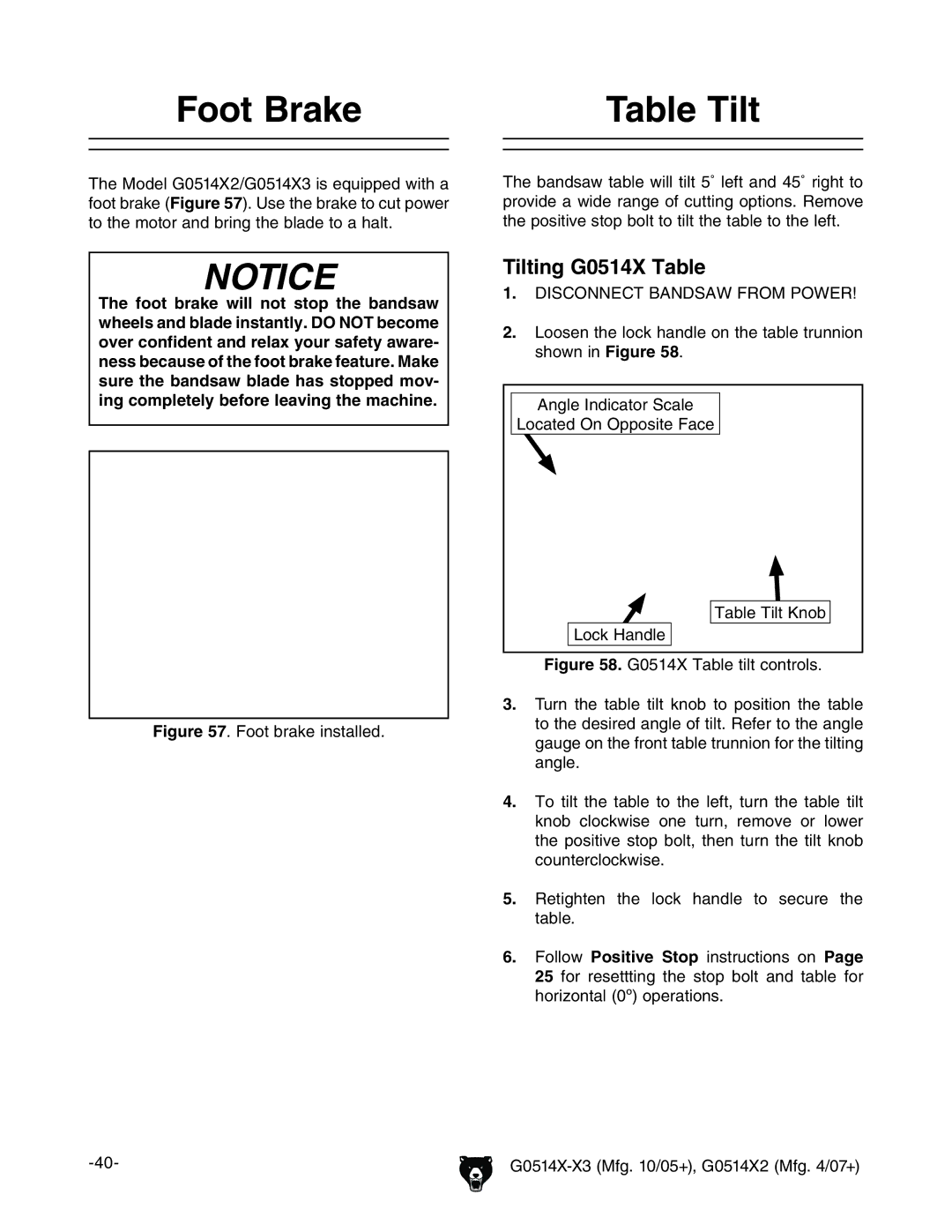 Grizzly G0514XF manual Foot Brake Table Tilt, Tilting G0514X Table, Hdlcc #, IVWaZIai@cdW 