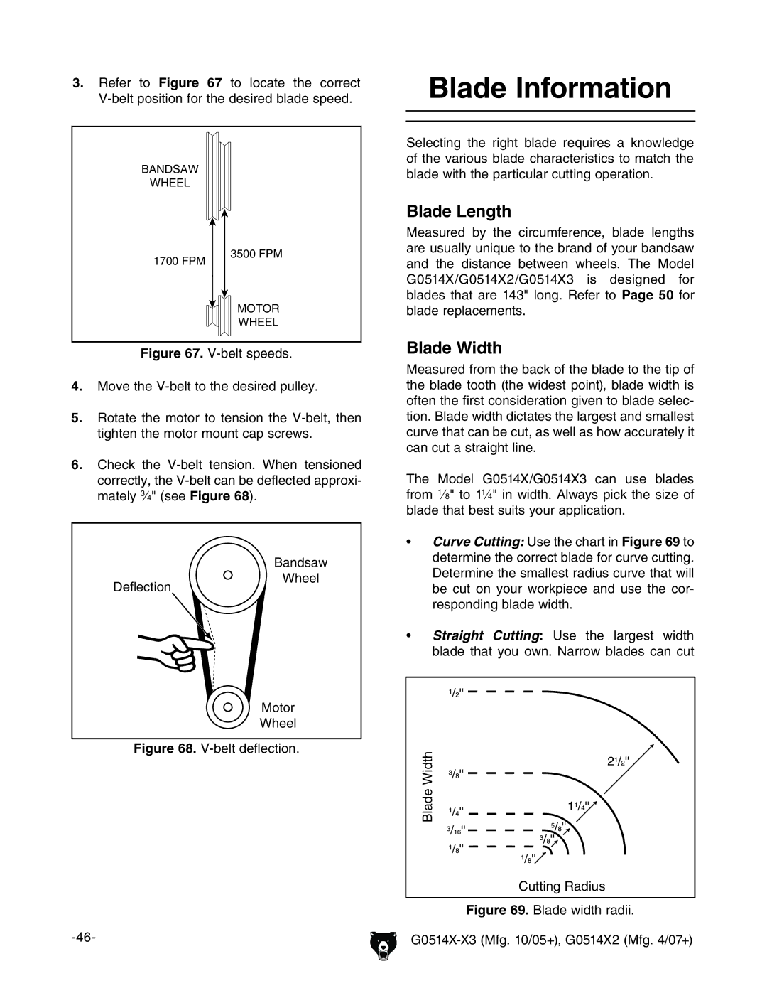 Grizzly G0514XF manual Blade Information, Blade Length, Blade Width, 7VcYhVl, Bdidg LZZa 