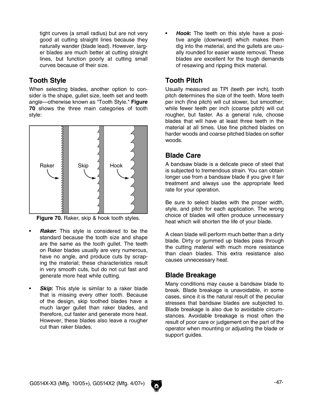 Grizzly G0514XF manual Tooth Style, Tooth Pitch, Blade Care, Blade Breakage, GV`Zg H`e =dd` 