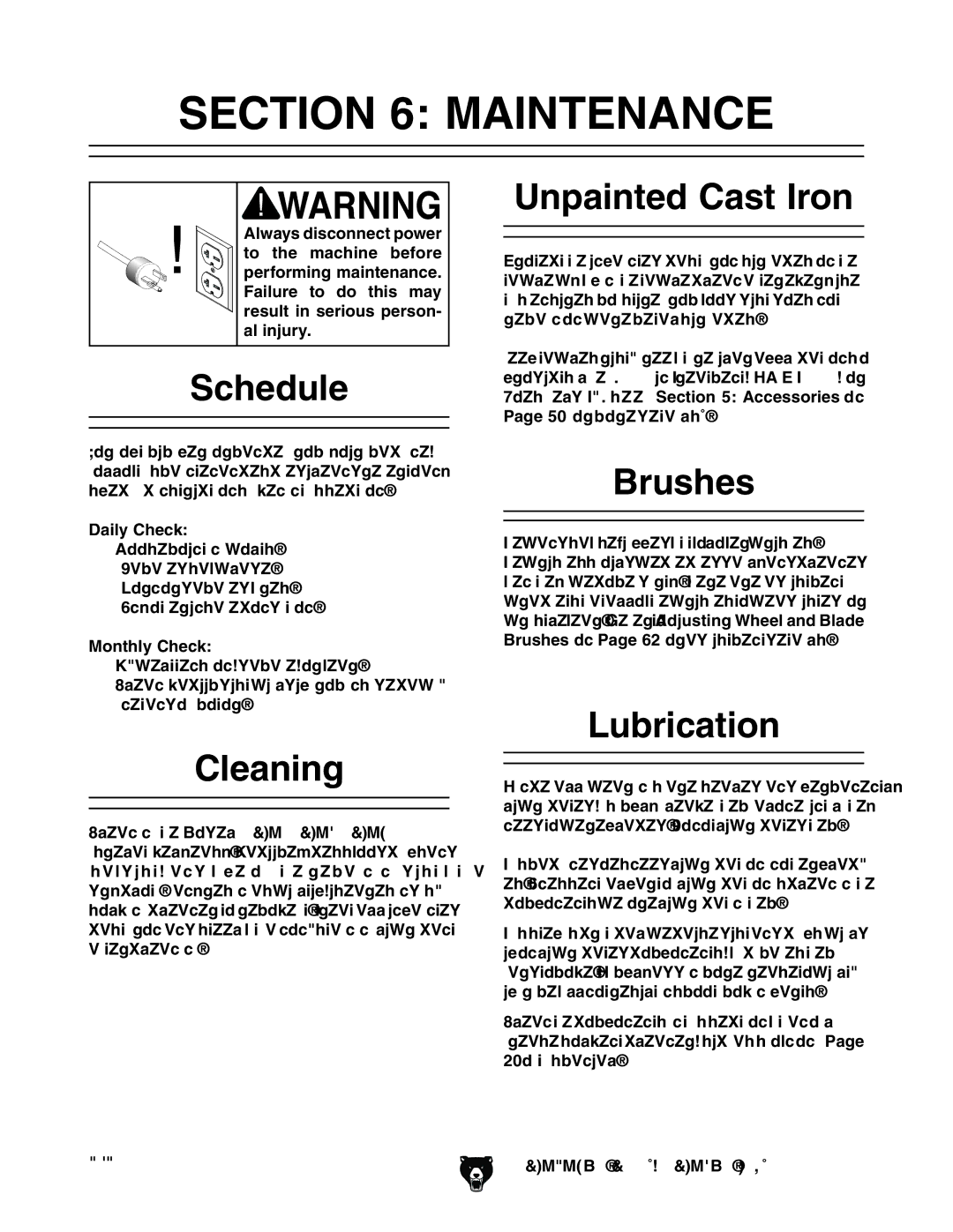 Grizzly G0514XF manual Schedule, Cleaning, Unpainted Cast Iron, Brushes, Lubrication 