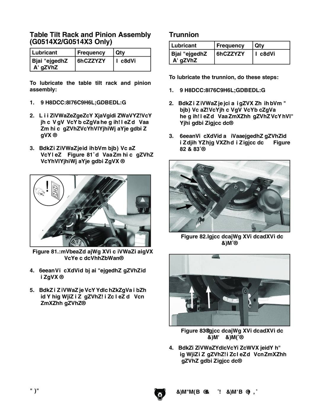 Grizzly G0514XF manual Table Tilt Rack and Pinion Assembly G0514X2/G0514X3 Only, Trunnion 