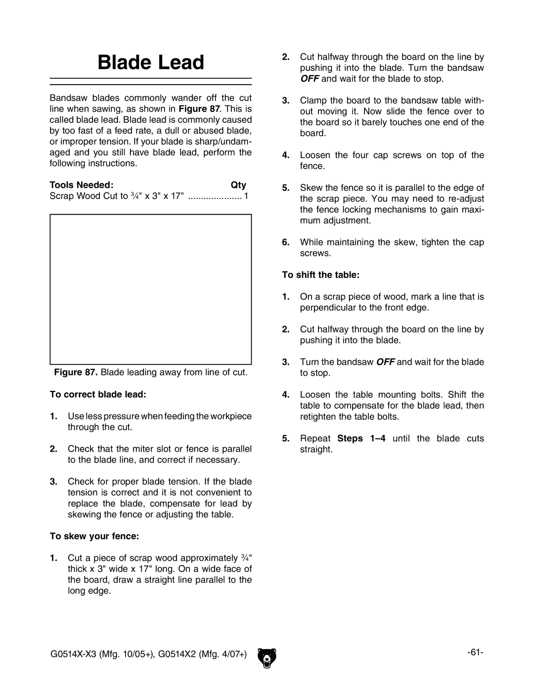 Grizzly G0514XF manual Blade Lead, To correct blade lead, To skew your fence, To shift the table 