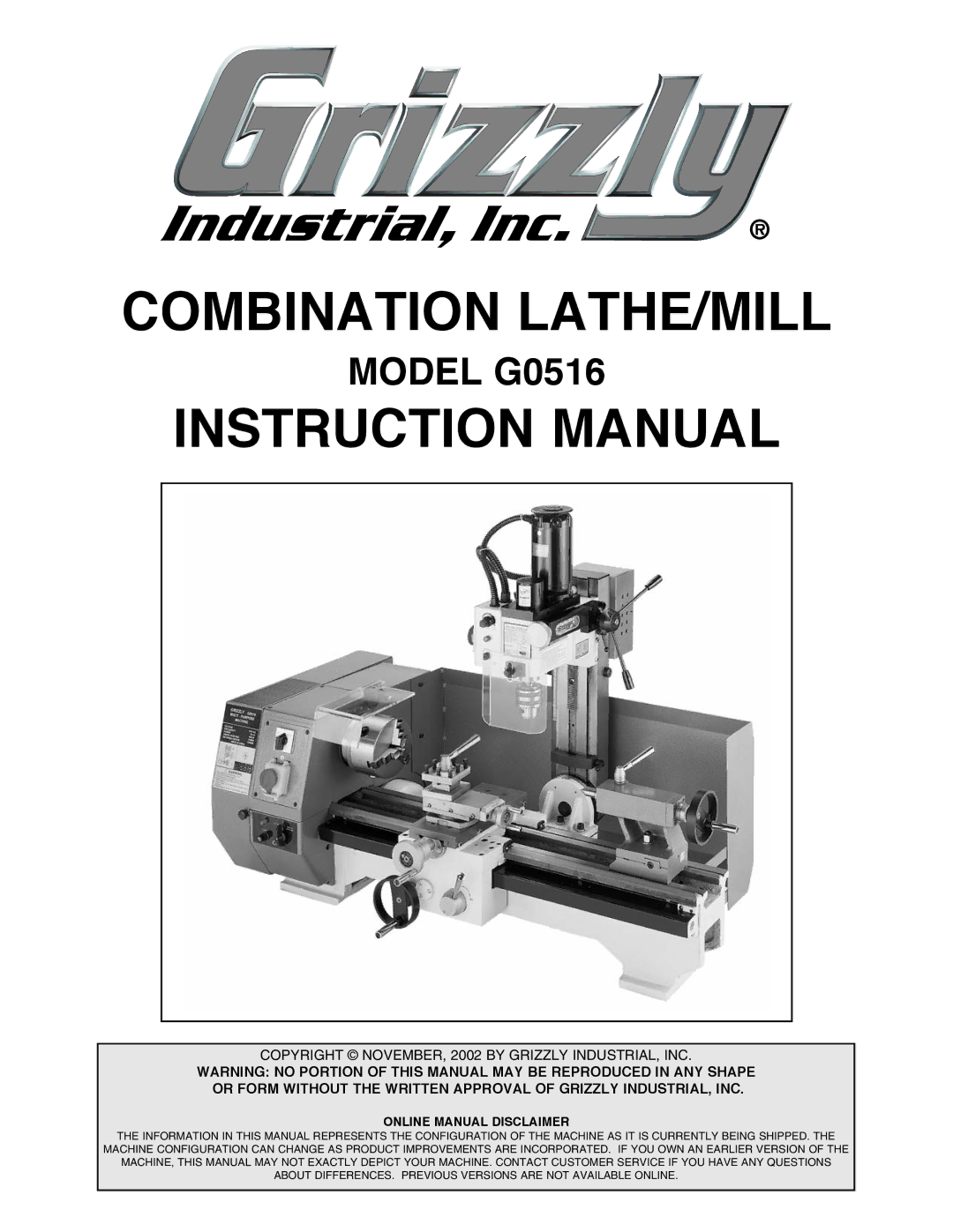 Grizzly G0516 instruction manual Combination LATHE/MILL 