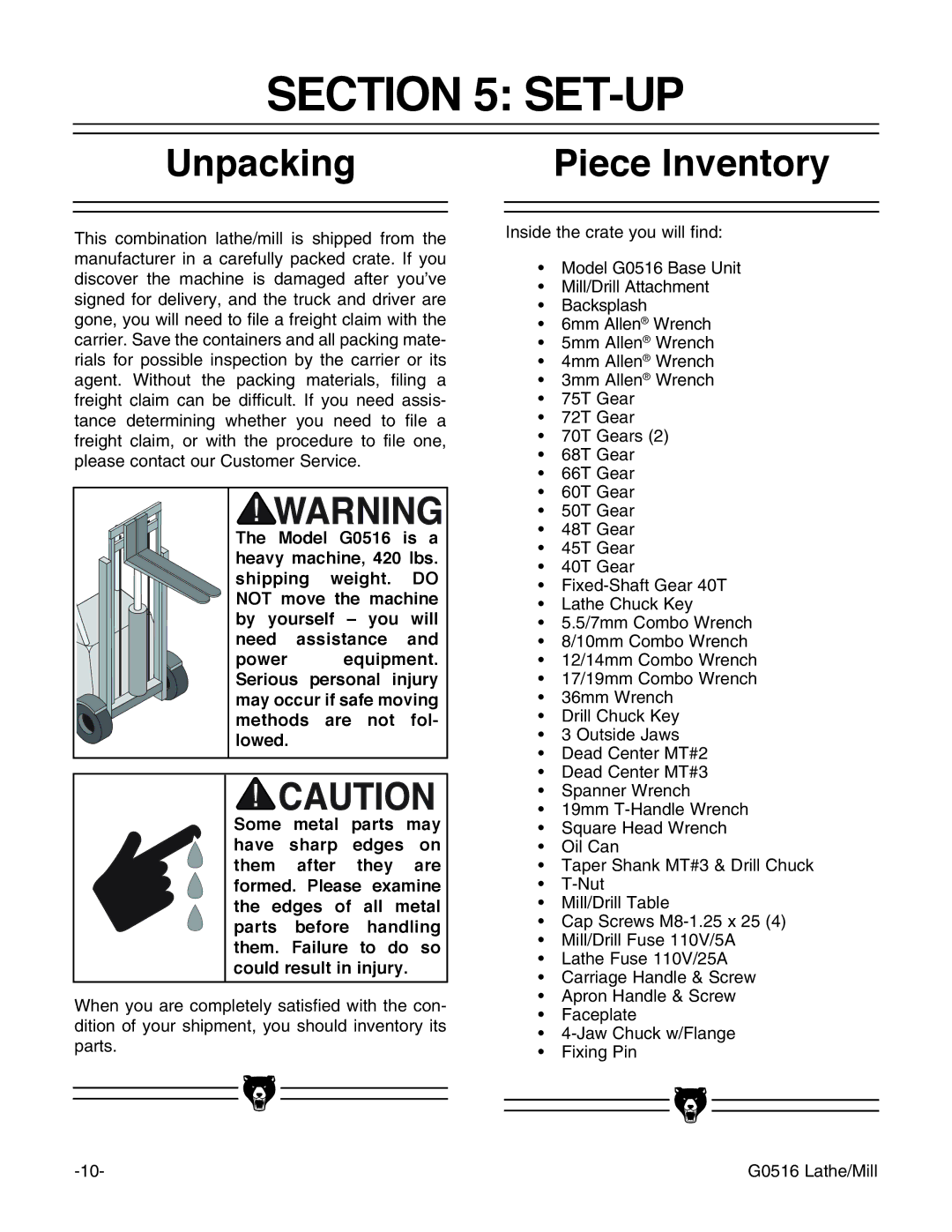 Grizzly G0516 instruction manual Set-Up, Unpacking, Piece Inventory 