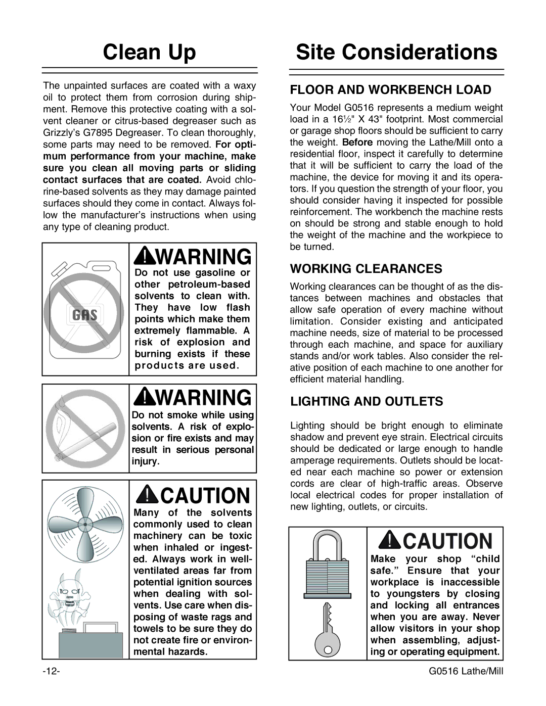 Grizzly G0516 instruction manual Clean Up, Site Considerations 