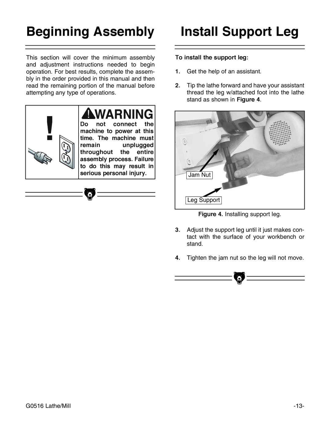 Grizzly G0516 instruction manual Beginning Assembly Install Support Leg 