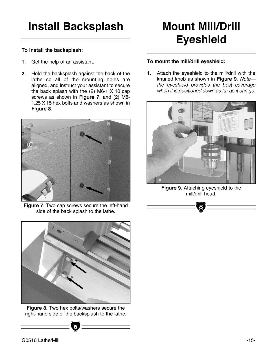 Grizzly G0516 Install Backsplash, Mount Mill/Drill Eyeshield, To install the backsplash, To mount the mill/drill eyeshield 