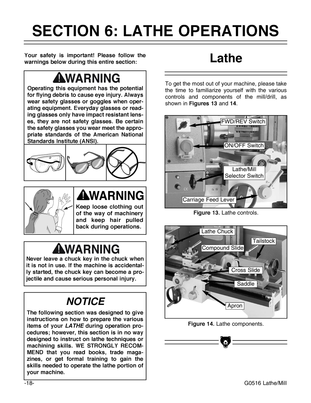 Grizzly instruction manual Lathe Operations, Lathe components G0516 Lathe/Mill 