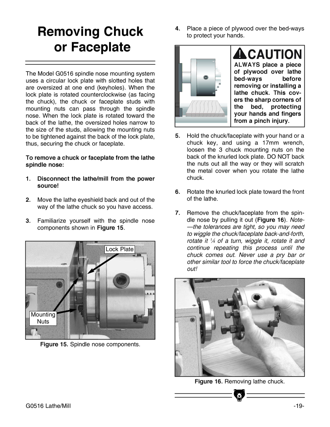 Grizzly instruction manual Removing Chuck or Faceplate, Removing lathe chuck G0516 Lathe/Mill 