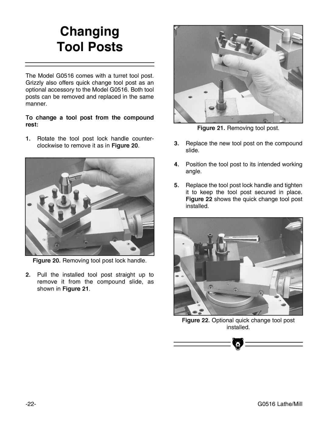 Grizzly G0516 instruction manual Changing Tool Posts, To change a tool post from the compound rest 