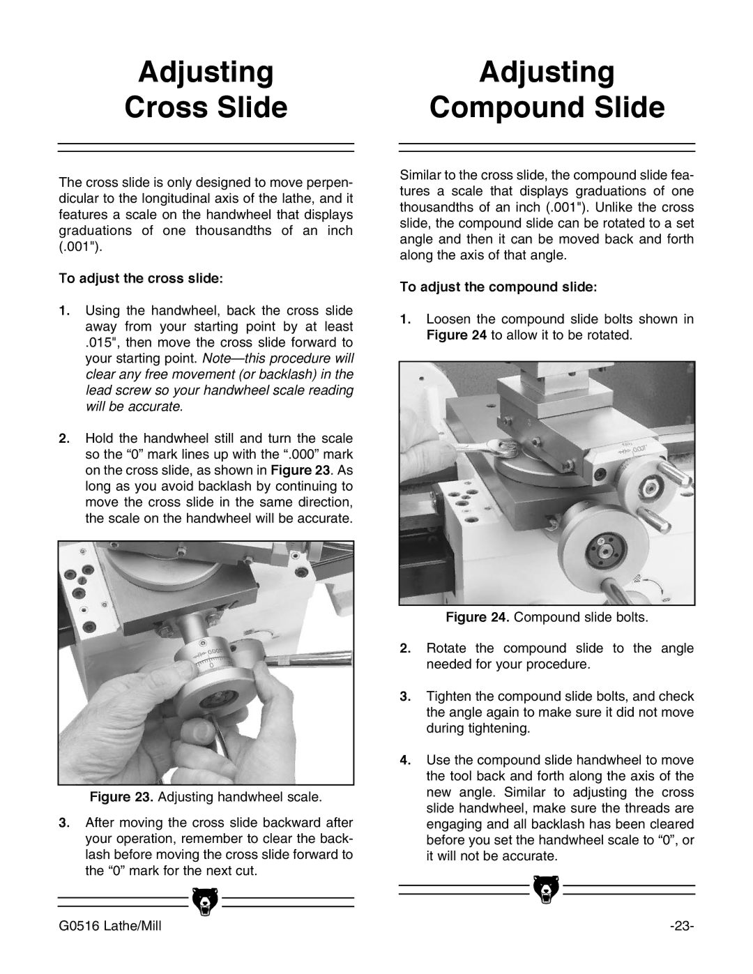 Grizzly G0516 instruction manual Adjusting, Compound Slide, To adjust the cross slide, To adjust the compound slide 