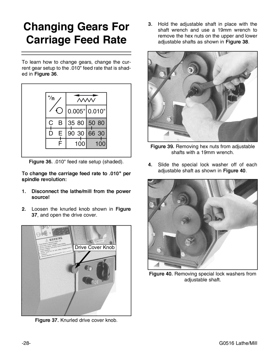 Grizzly G0516 instruction manual Changing Gears For Carriage Feed Rate, feed rate setup shaded 