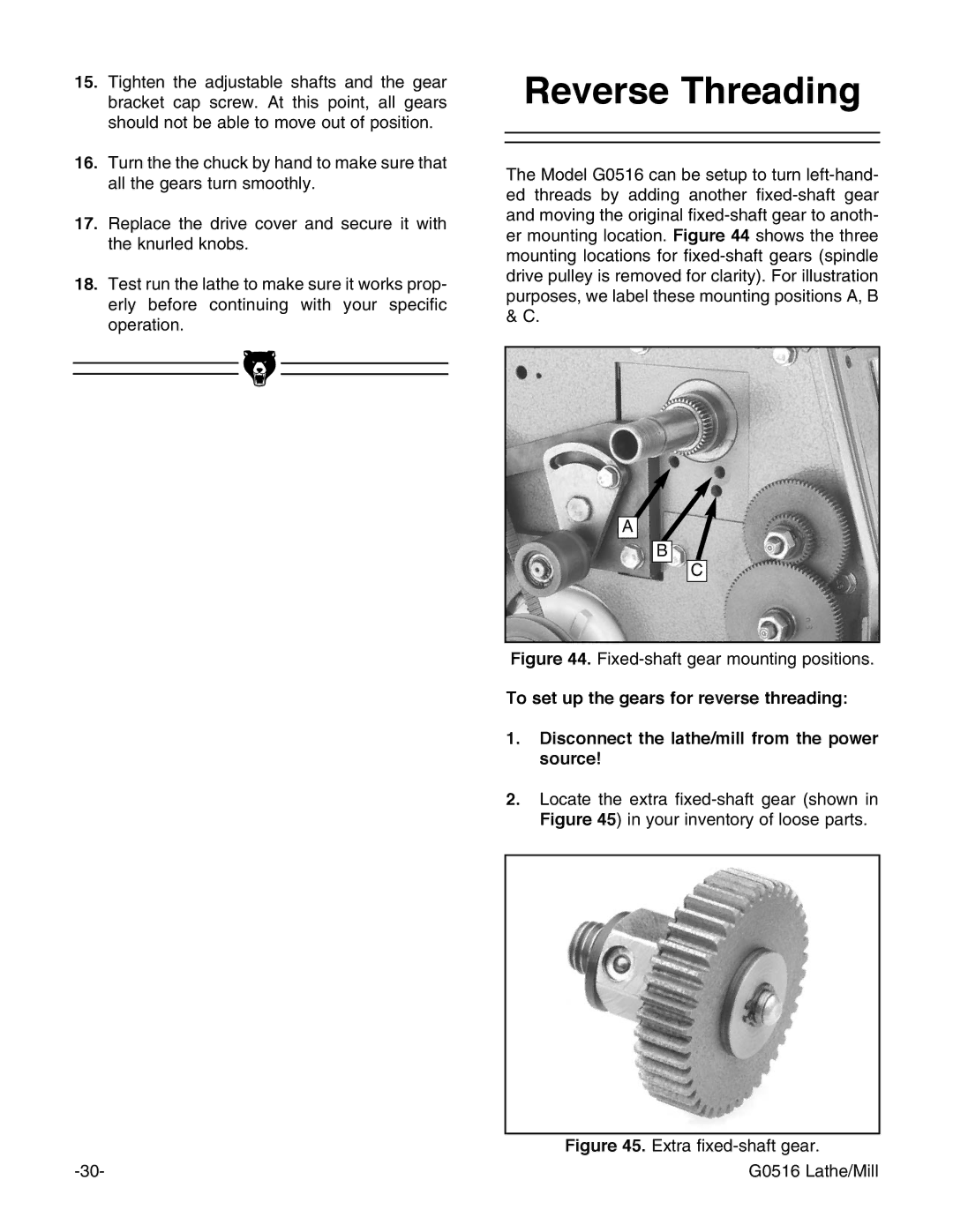 Grizzly G0516 instruction manual Reverse Threading, Fixed-shaft gear mounting positions 