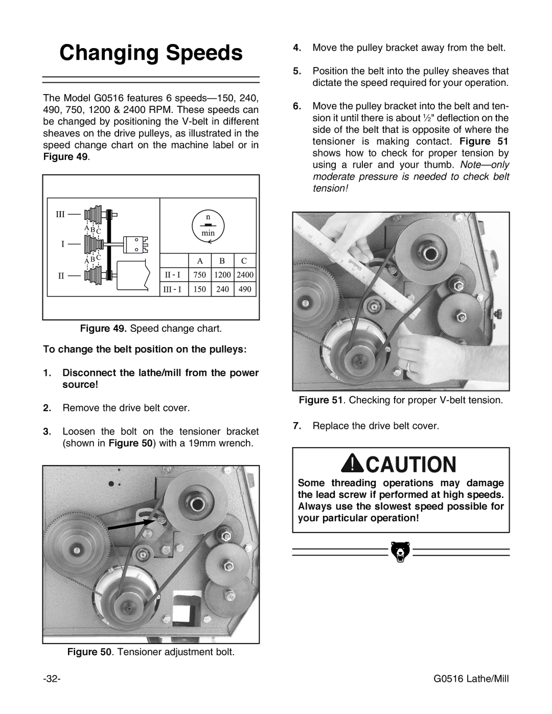 Grizzly G0516 instruction manual Changing Speeds, Speed change chart 