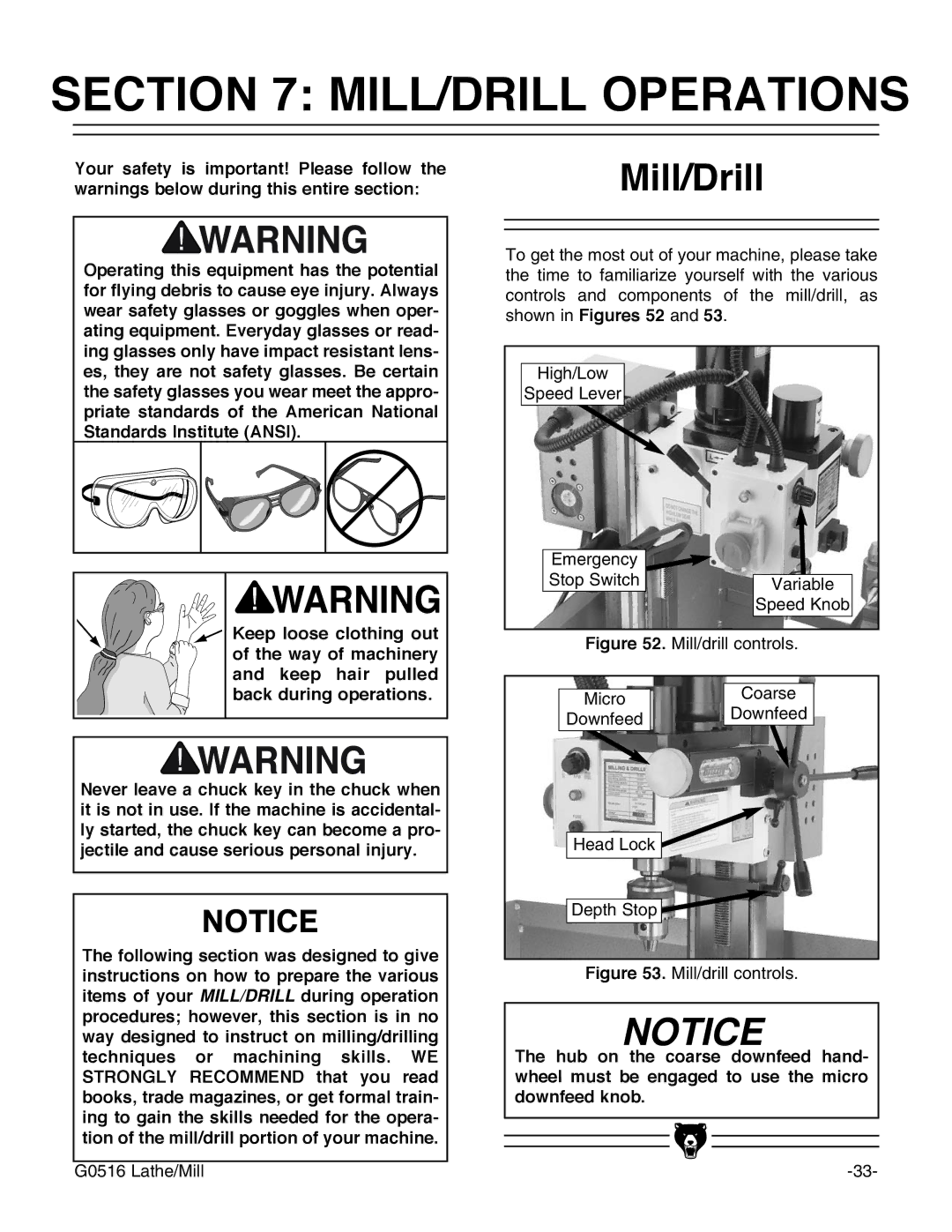 Grizzly G0516 instruction manual MILL/DRILL Operations, Mill/Drill 