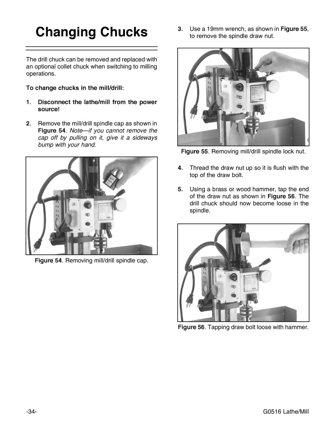 Grizzly instruction manual Changing Chucks, Tapping draw bolt loose with hammer G0516 Lathe/Mill 