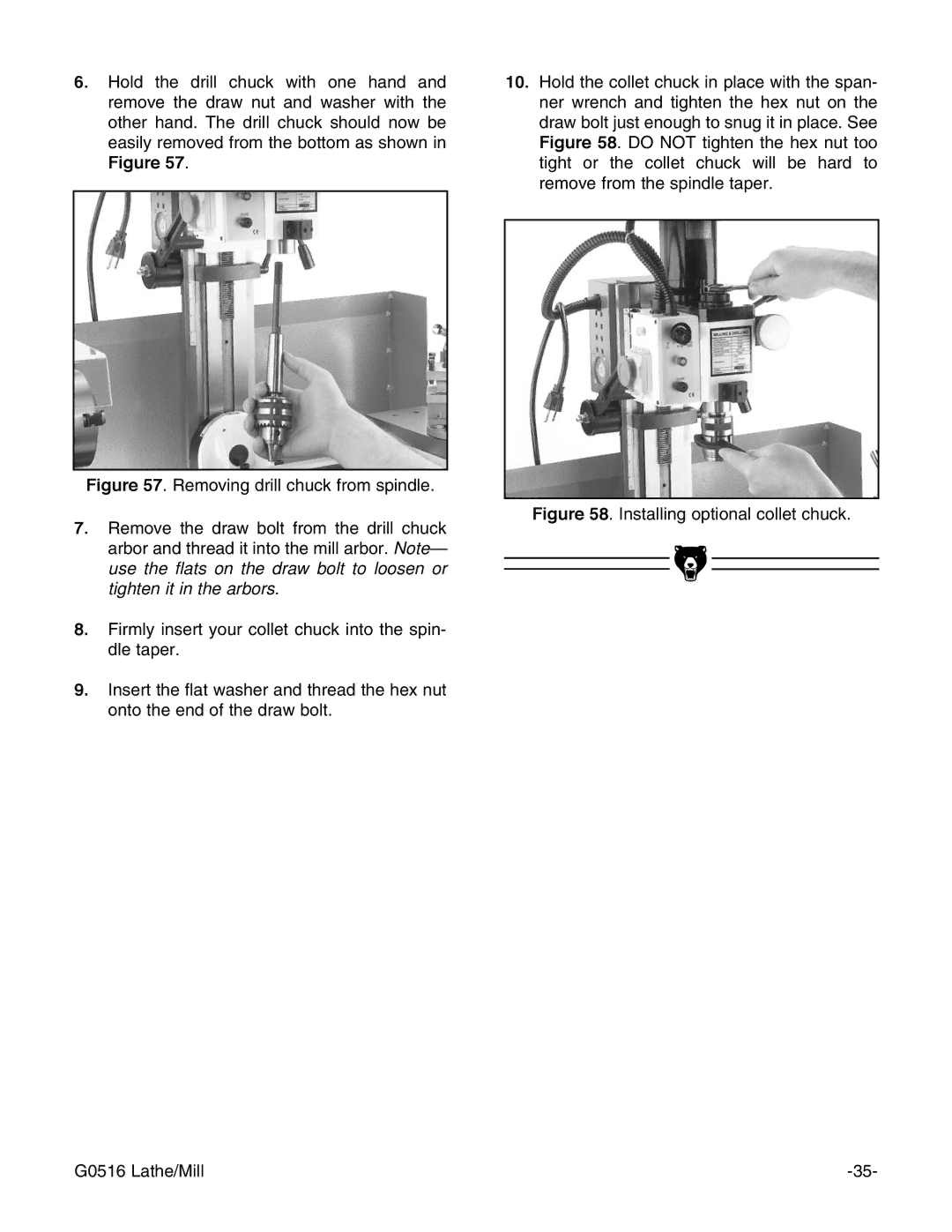 Grizzly instruction manual Installing optional collet chuck G0516 Lathe/Mill 