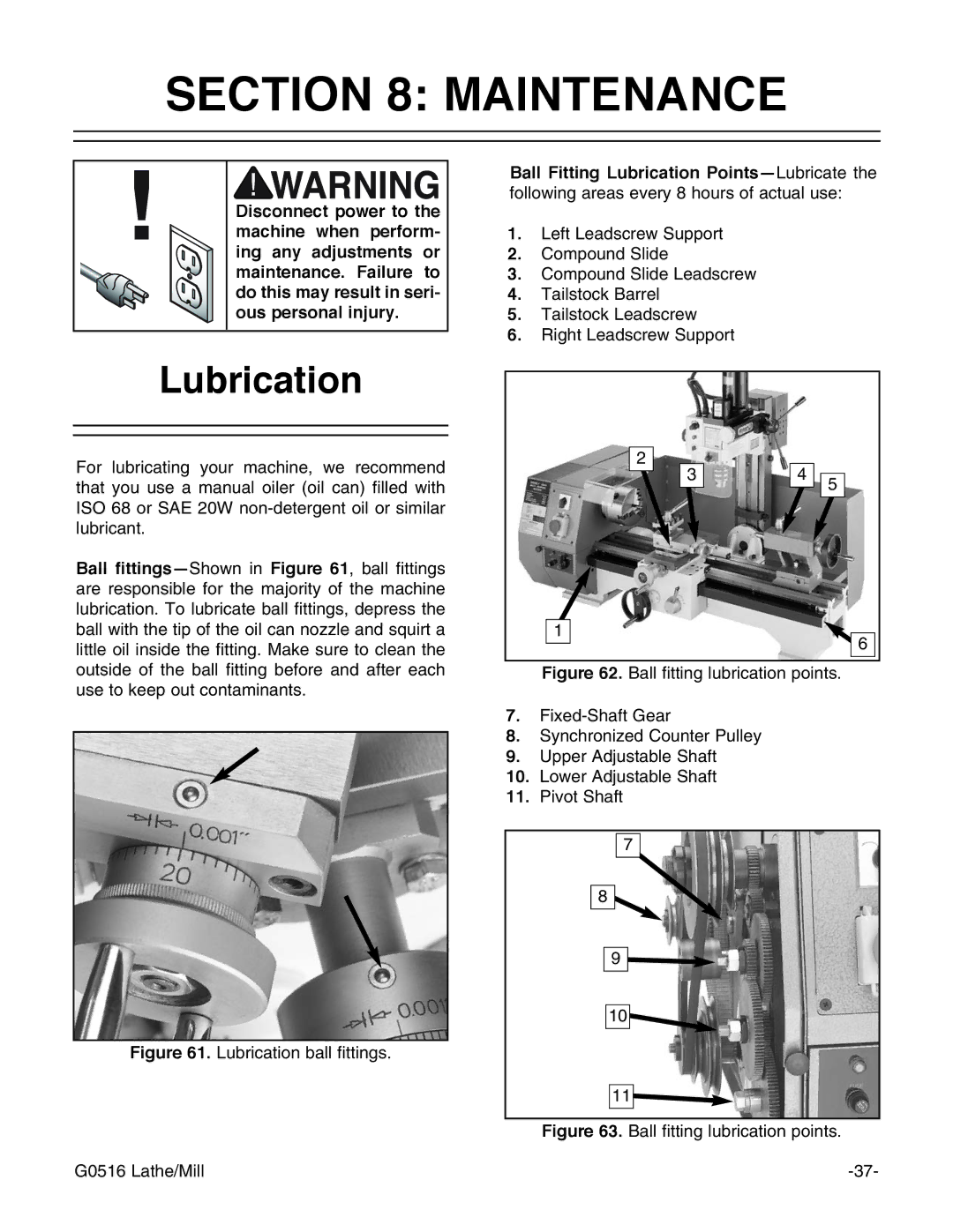 Grizzly G0516 instruction manual Maintenance, Lubrication 