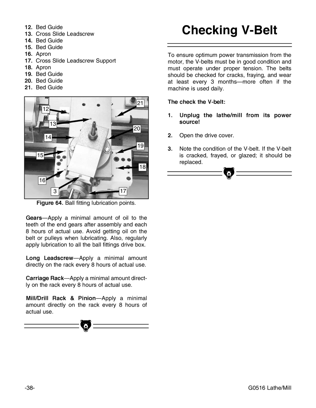 Grizzly G0516 instruction manual Checking V-Belt, Check the V-belt Unplug the lathe/mill from its power source 