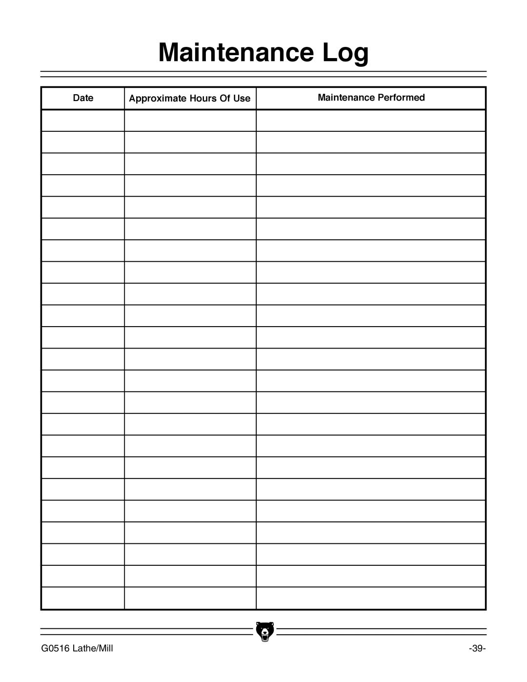 Grizzly G0516 instruction manual Date Approximate Hours Of Use Maintenance Performed 