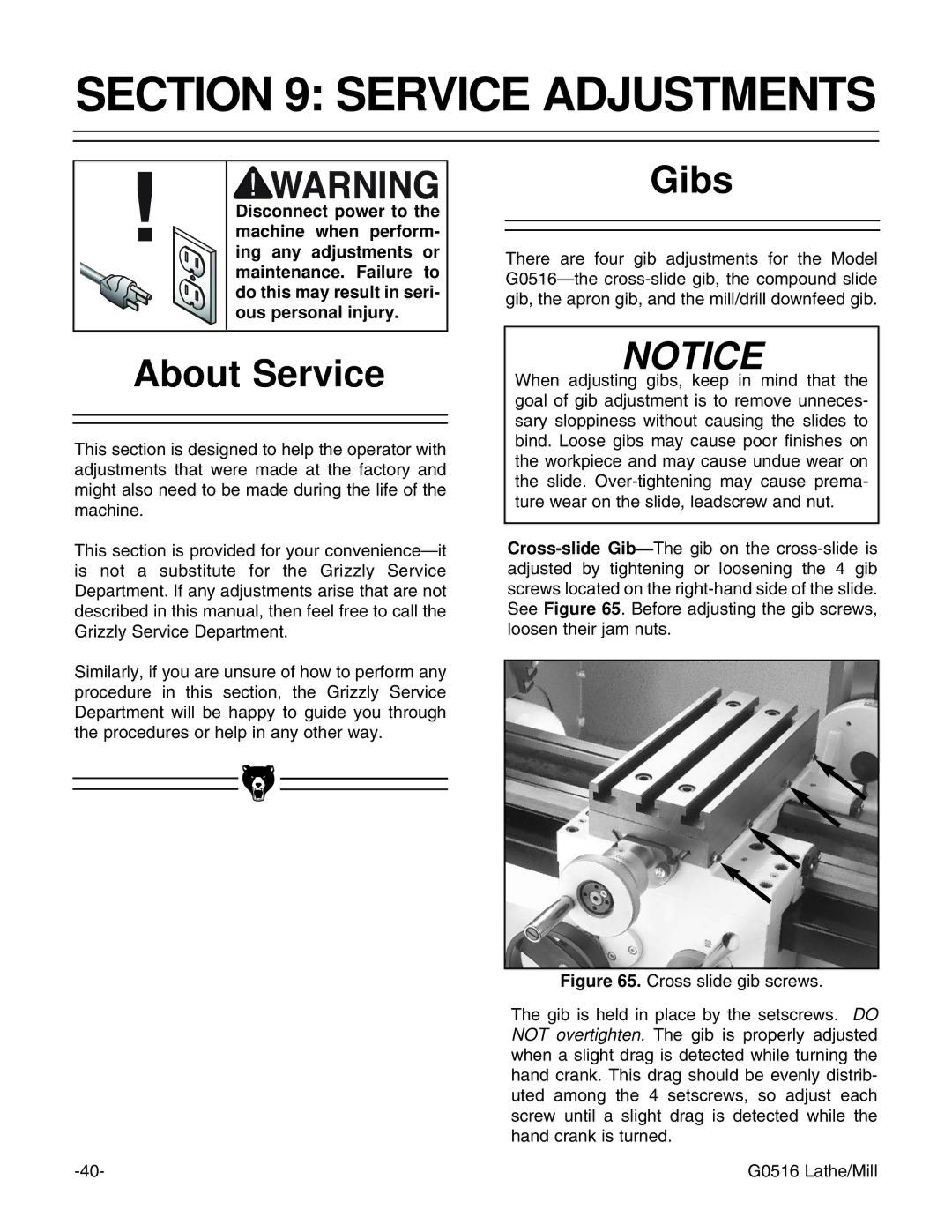 Grizzly G0516 instruction manual Service Adjustments, About Service, Gibs 