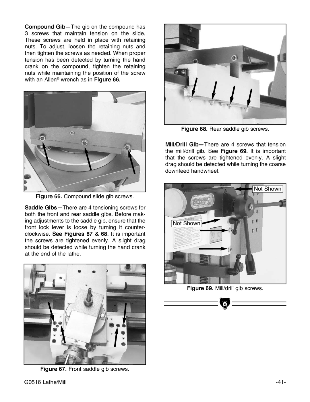 Grizzly instruction manual Front saddle gib screws G0516 Lathe/Mill 