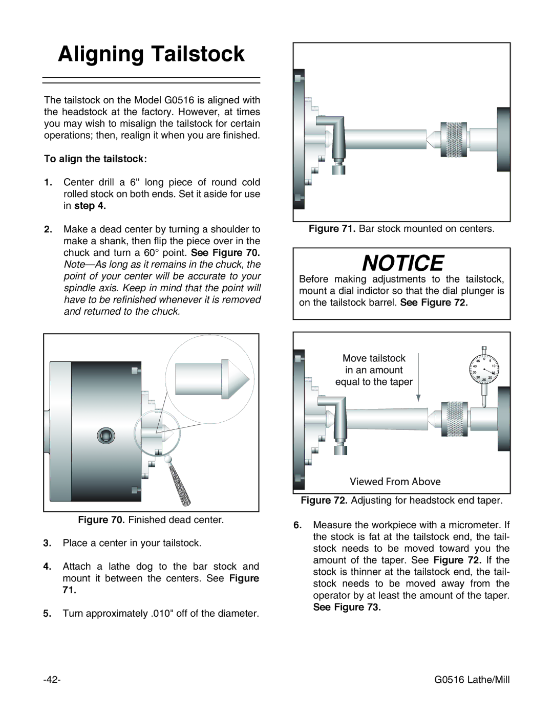 Grizzly G0516 instruction manual Aligning Tailstock, To align the tailstock, See Figure 