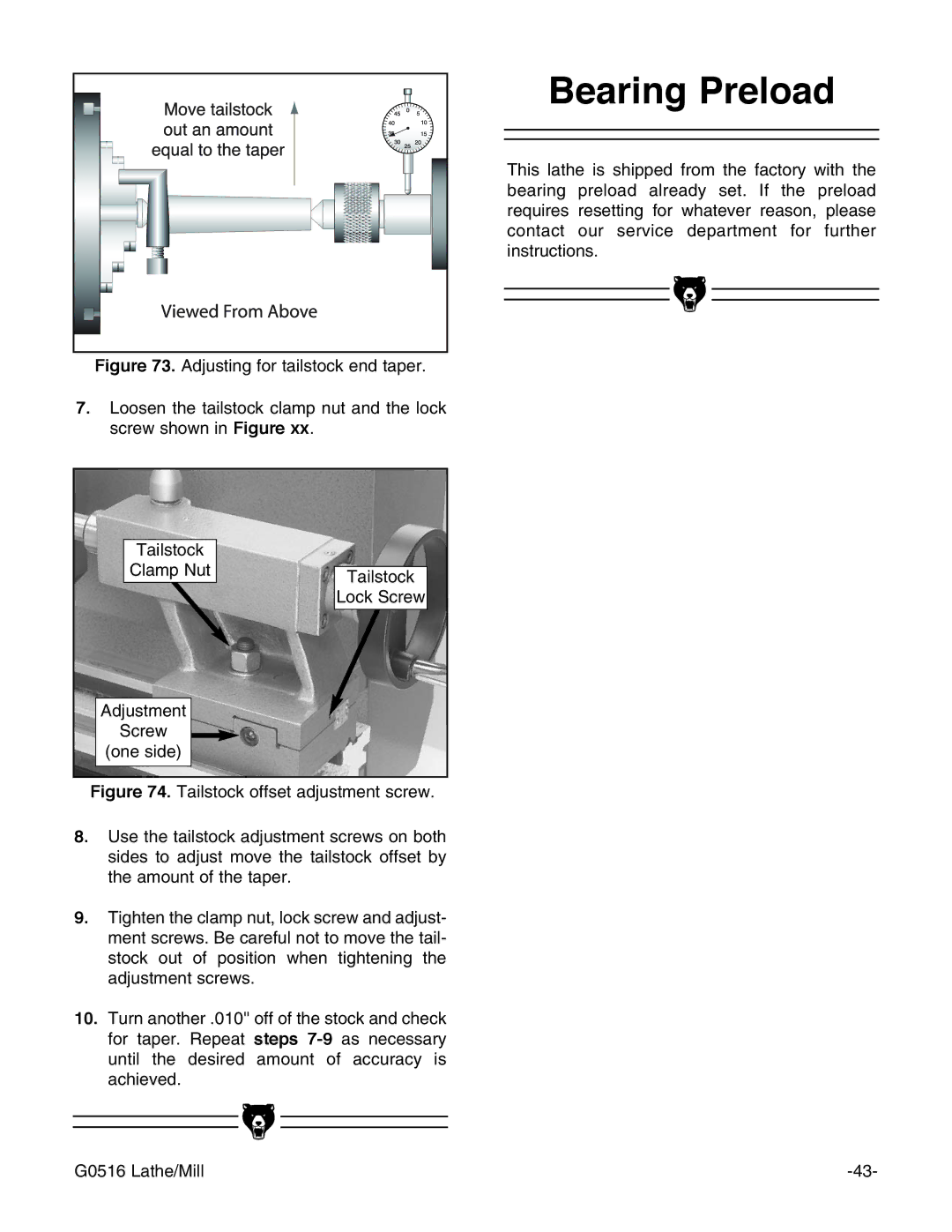 Grizzly G0516 instruction manual Bearing Preload 