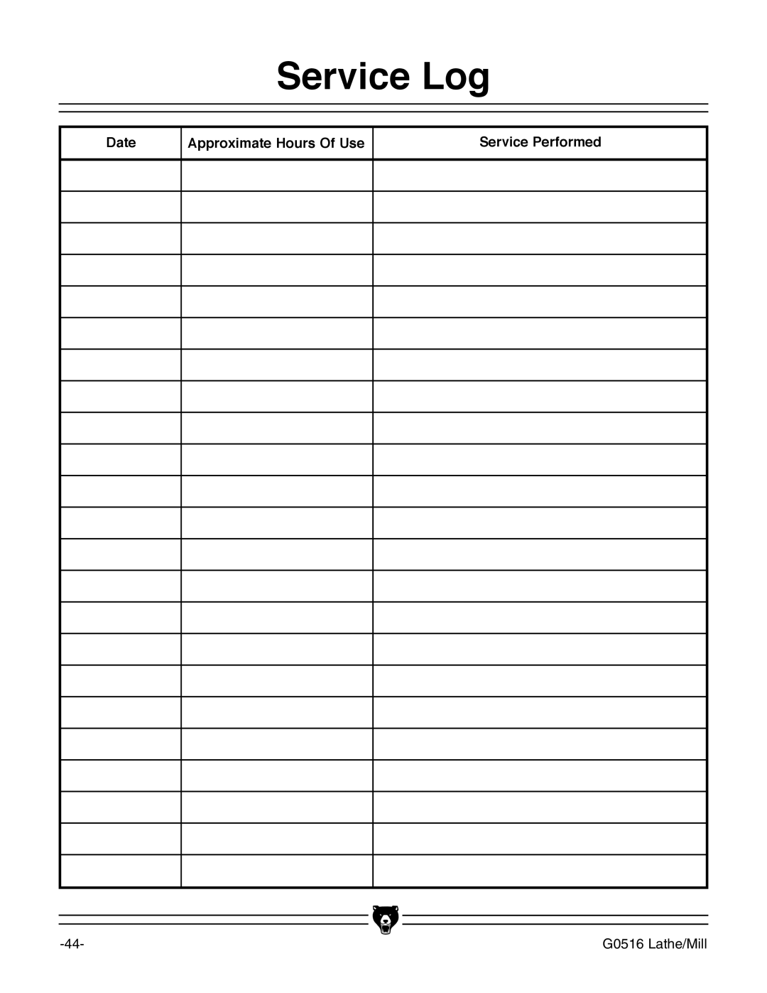 Grizzly G0516 instruction manual Date Approximate Hours Of Use Service Performed 