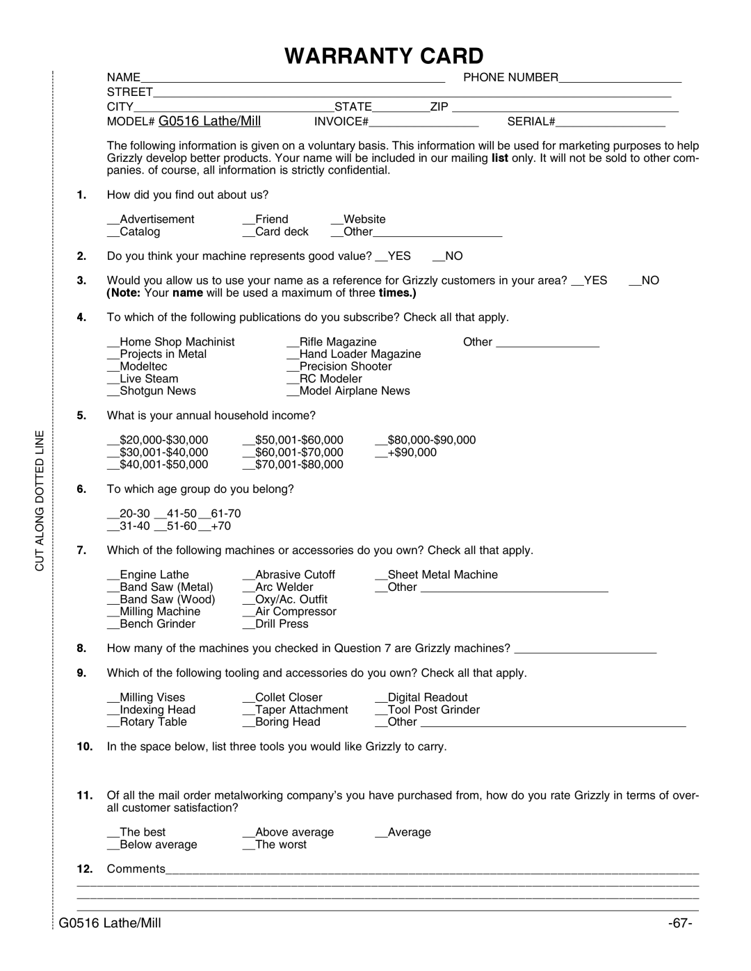 Grizzly G0516 instruction manual Warranty Card 