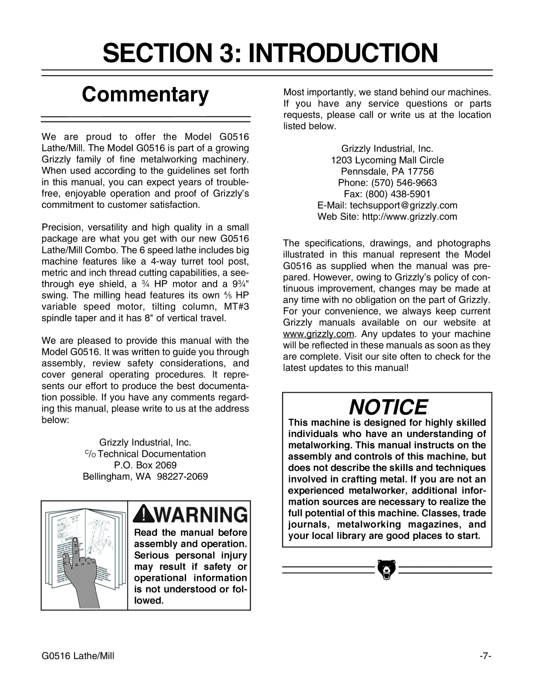 Grizzly G0516 instruction manual Introduction, Commentary 