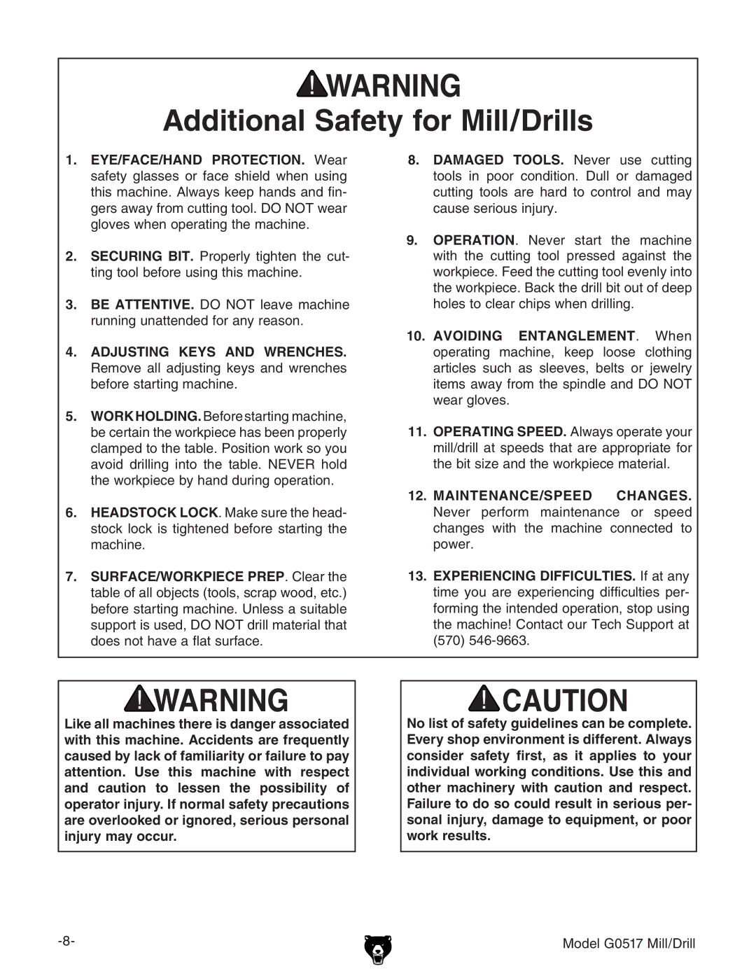 Grizzly G0517g instruction manual Additional Safety for Mill/Drills 