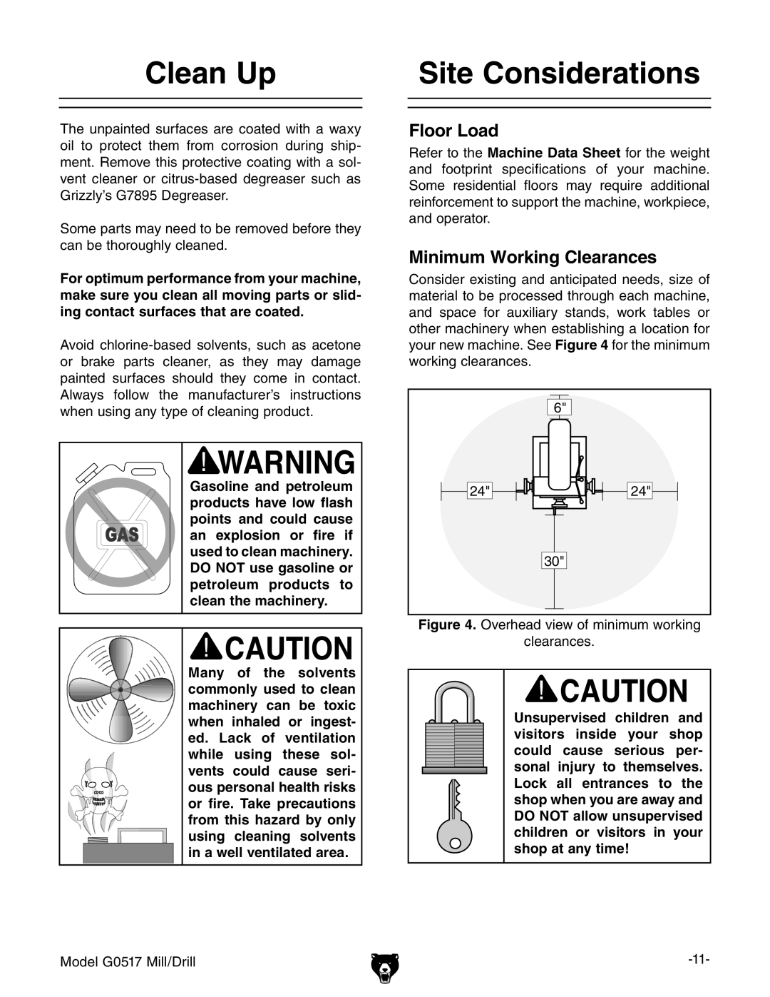 Grizzly G0517g instruction manual Clean Up, Site Considerations, Floor Load, Minimum Working Clearances 