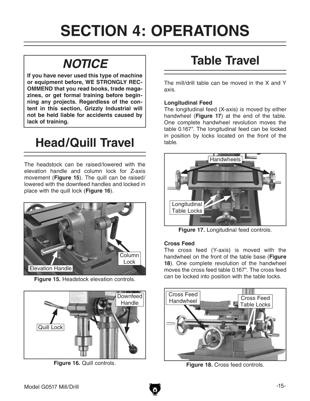 Grizzly G0517g instruction manual Operations, Head/Quill Travel, Table Travel 