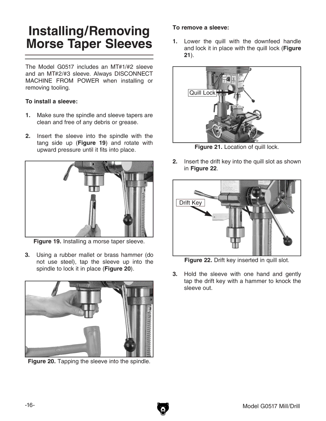 Grizzly G0517g instruction manual Installing/Removing Morse Taper Sleeves, To install a sleeve, To remove a sleeve 