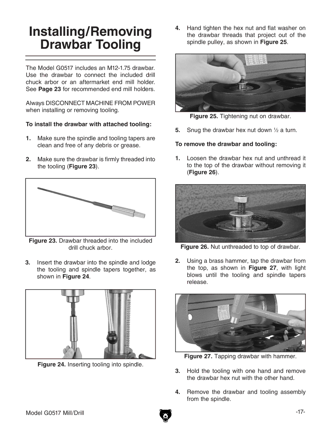 Grizzly G0517g instruction manual Installing/Removing Drawbar Tooling, To install the drawbar with attached tooling 