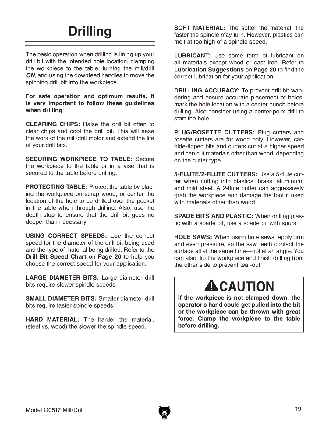 Grizzly G0517g instruction manual Drilling 