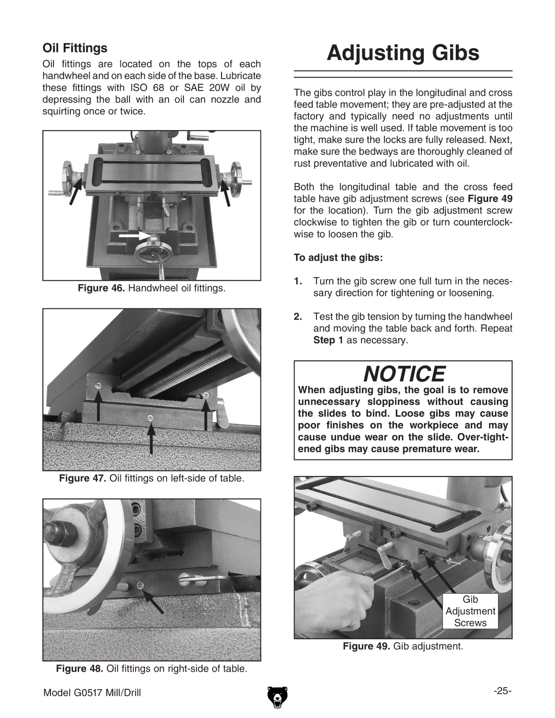 Grizzly G0517g instruction manual Adjusting Gibs, Oil Fittings, To adjust the gibs 