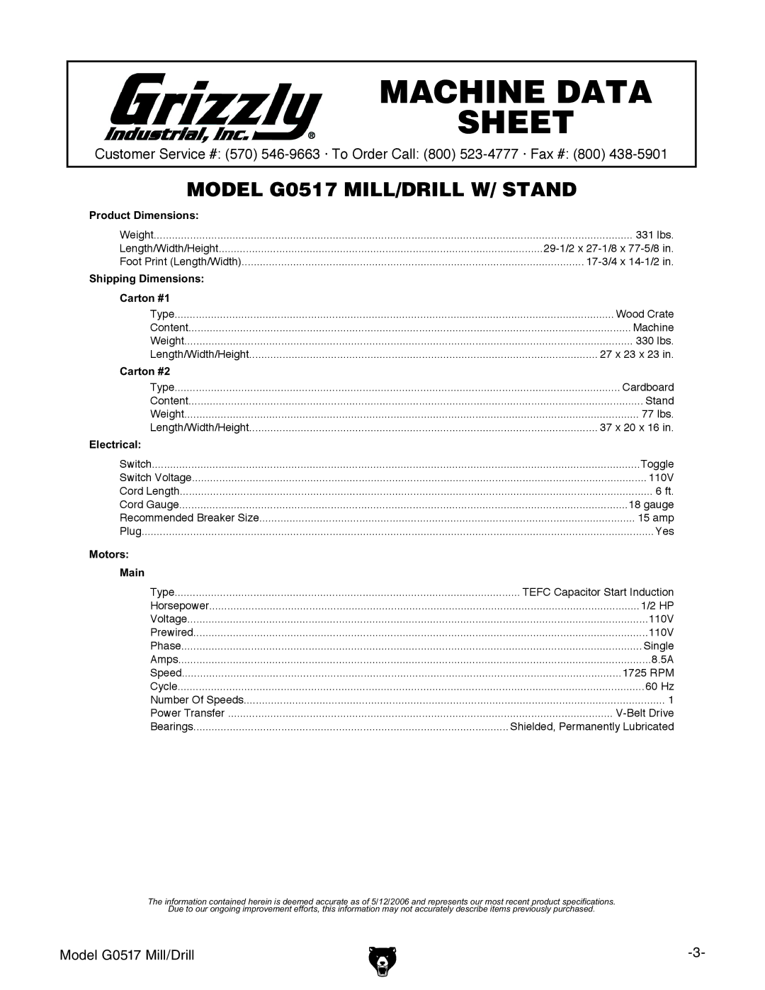 Grizzly G0517g instruction manual Machine Data Sheet 