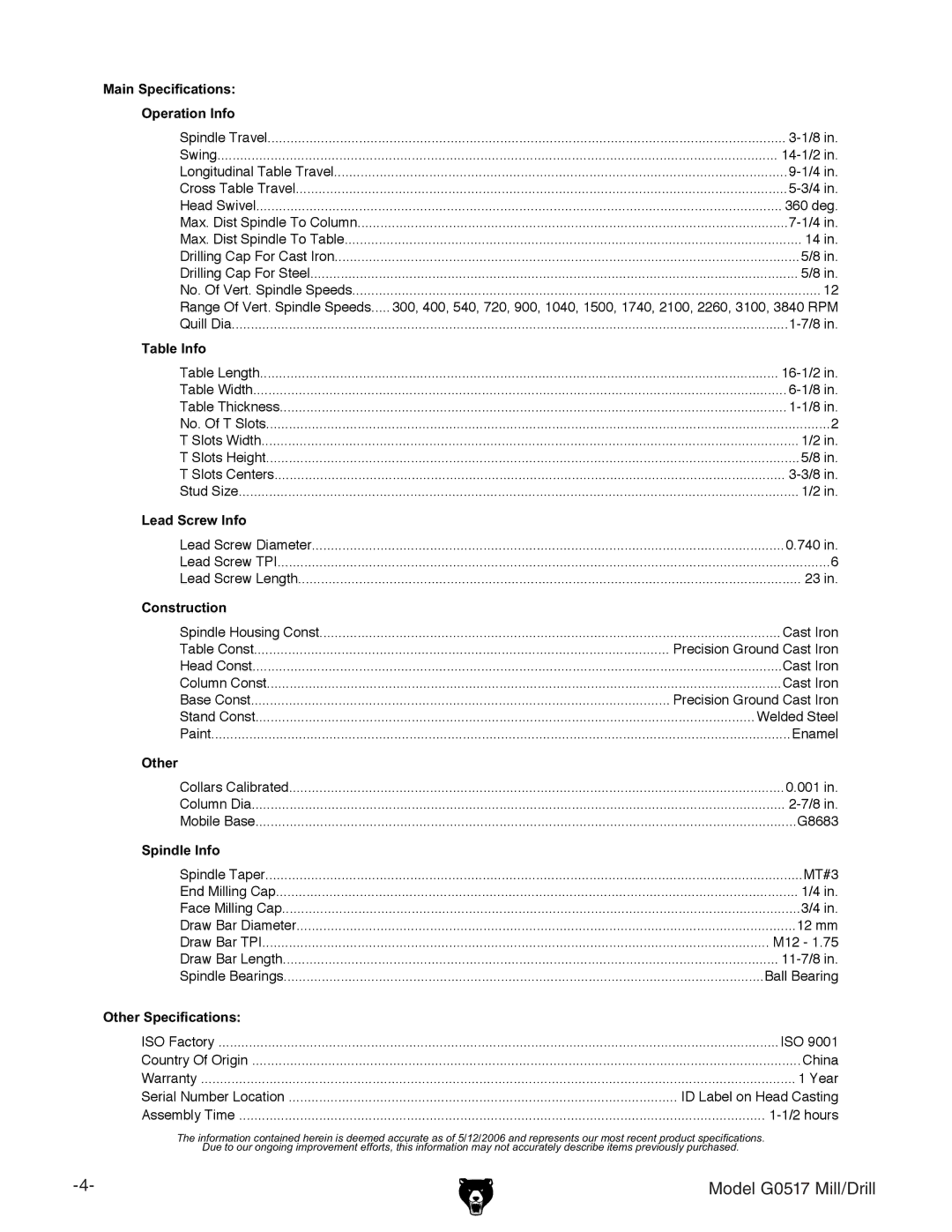 Grizzly G0517g instruction manual Model G0517 Mill/Drill 