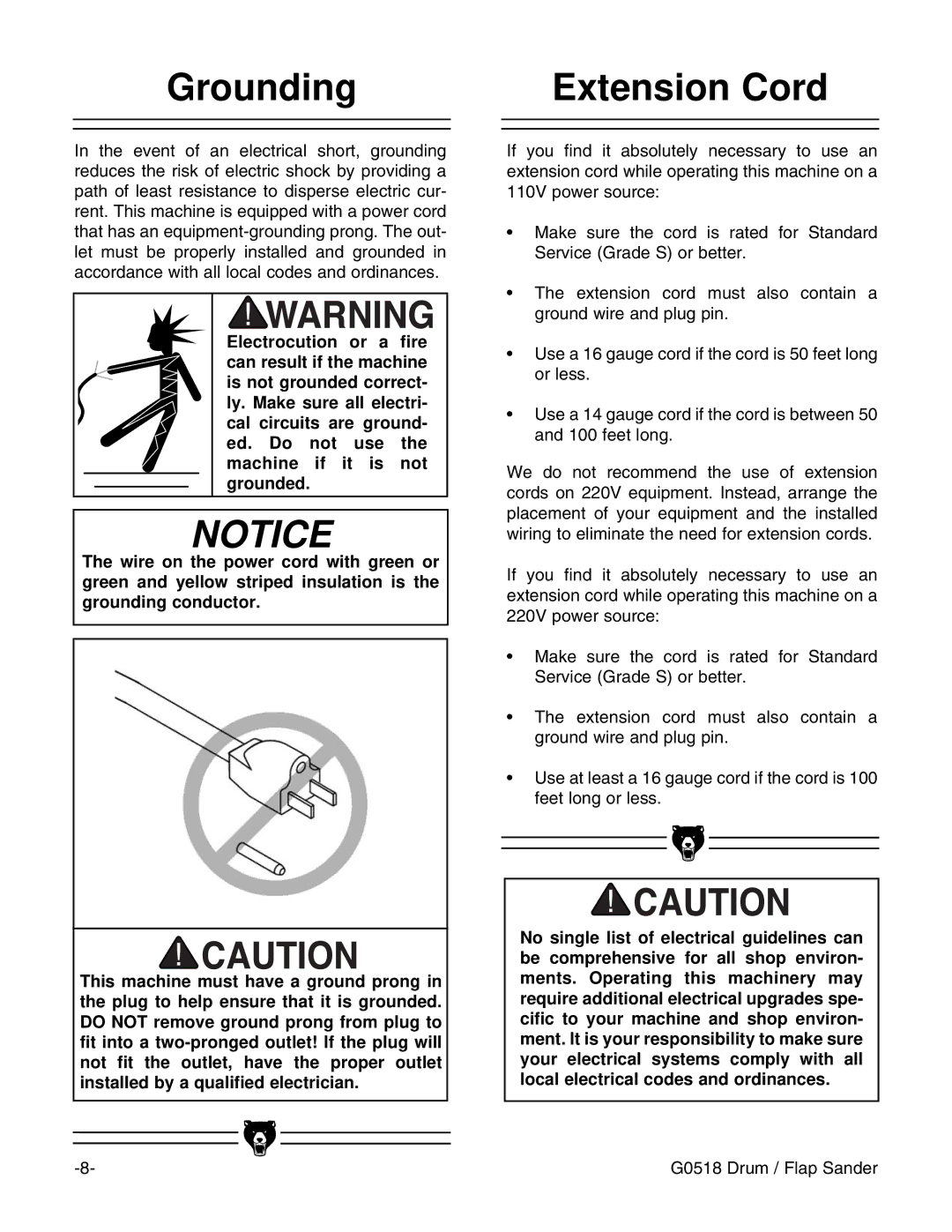 Grizzly G0518 instruction manual Grounding, Extension Cord 