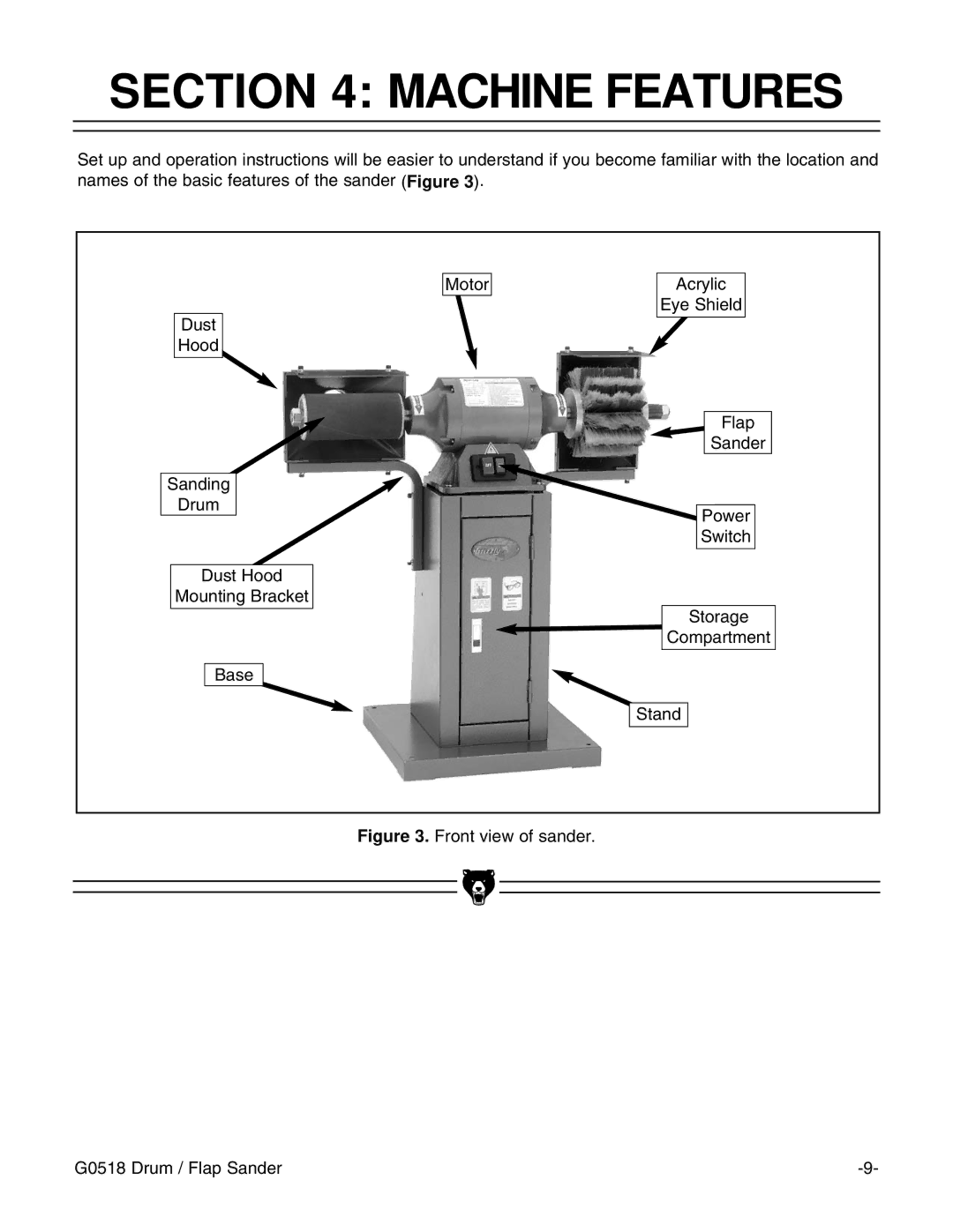 Grizzly instruction manual Machine Features, Front view of sander G0518 Drum / Flap Sander 