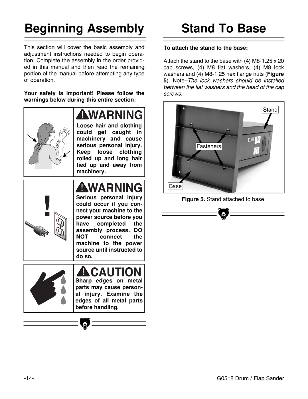 Grizzly G0518 instruction manual Beginning Assembly, Stand To Base, To attach the stand to the base 